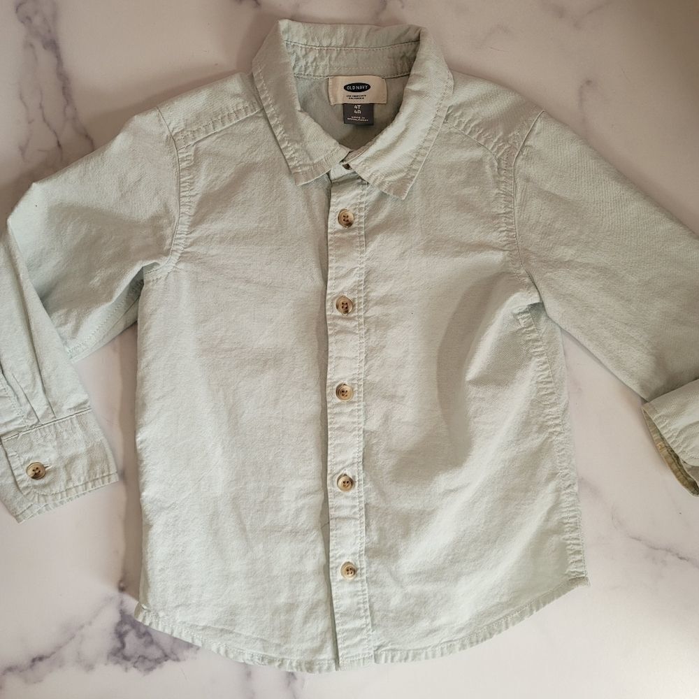 Light green linen Button up long sleeve collared shirt boys 4t dressy spring